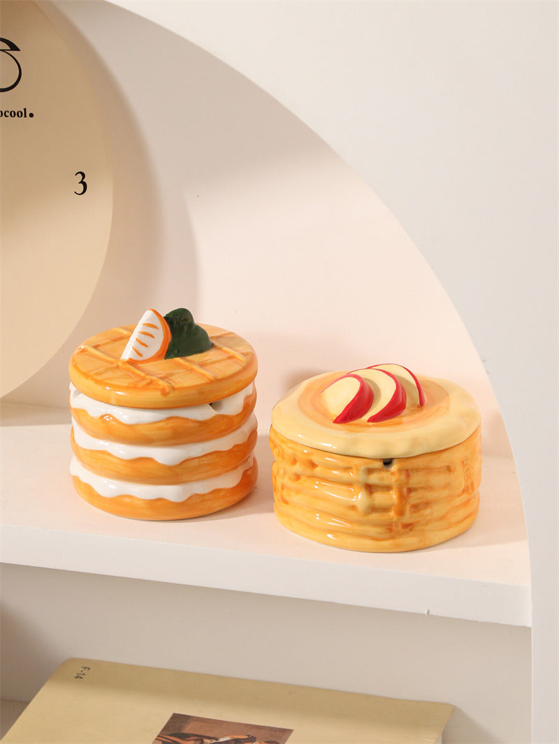 Cute Stacked Pancake Ceramic Storage Jar, 2-in-1 Covered Ashtray & Jewelry Trinket Box, Waffle Lid Fruit Decor Dessert Shaped Table Decor, Novelty Food Themed Gift