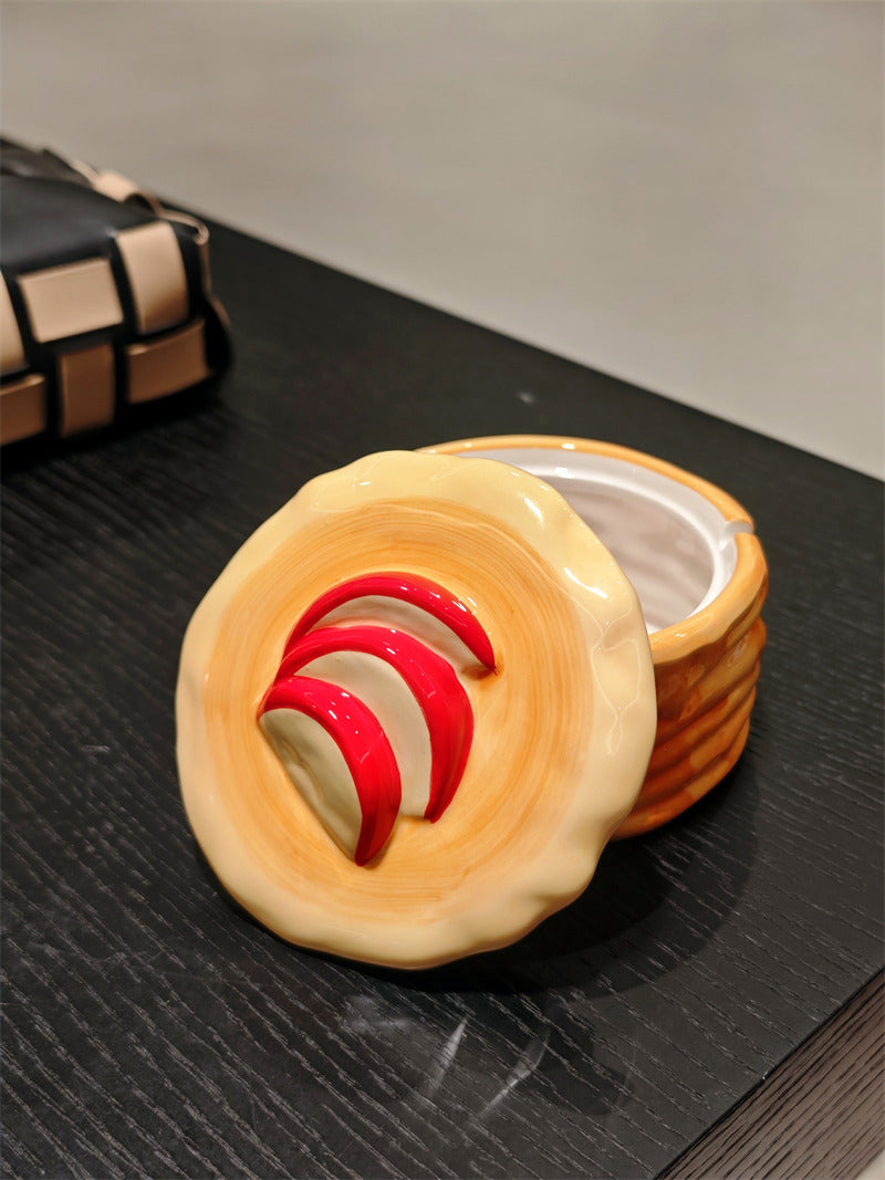 Cute Stacked Pancake Ceramic Storage Jar, 2-in-1 Covered Ashtray & Jewelry Trinket Box, Waffle Lid Fruit Decor Dessert Shaped Table Decor, Novelty Food Themed Gift