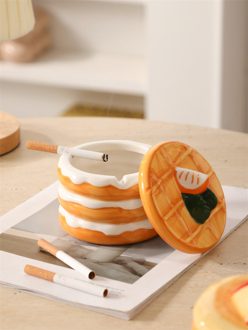 Cute Stacked Pancake Ceramic Storage Jar, 2-in-1 Covered Ashtray & Jewelry Trinket Box, Waffle Lid Fruit Decor Dessert Shaped Table Decor, Novelty Food Themed Gift