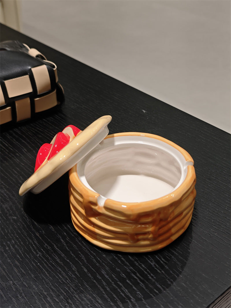 Cute Stacked Pancake Ceramic Storage Jar, 2-in-1 Covered Ashtray & Jewelry Trinket Box, Waffle Lid Fruit Decor Dessert Shaped Table Decor, Novelty Food Themed Gift