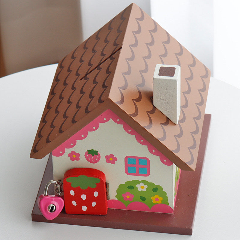 Cute Strawberry House Piggy Bank with Lock - Kids Safe Savings Box Coin Bank Gift
