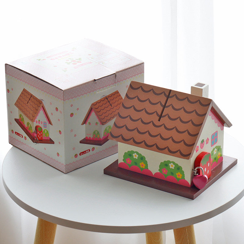 Cute Strawberry House Piggy Bank with Lock - Kids Safe Savings Box Coin Bank Gift