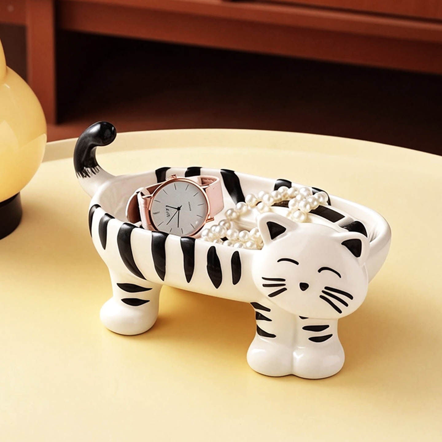 Cute Striped Cat-Shaped Ceramic Storage Bowl - Multi-Purpose Organizer for Keys, Candy, Jewelry & Home Decor