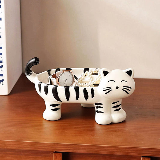 Cute Striped Cat-Shaped Ceramic Storage Bowl - Multi-Purpose Organizer for Keys, Candy, Jewelry & Home Decor