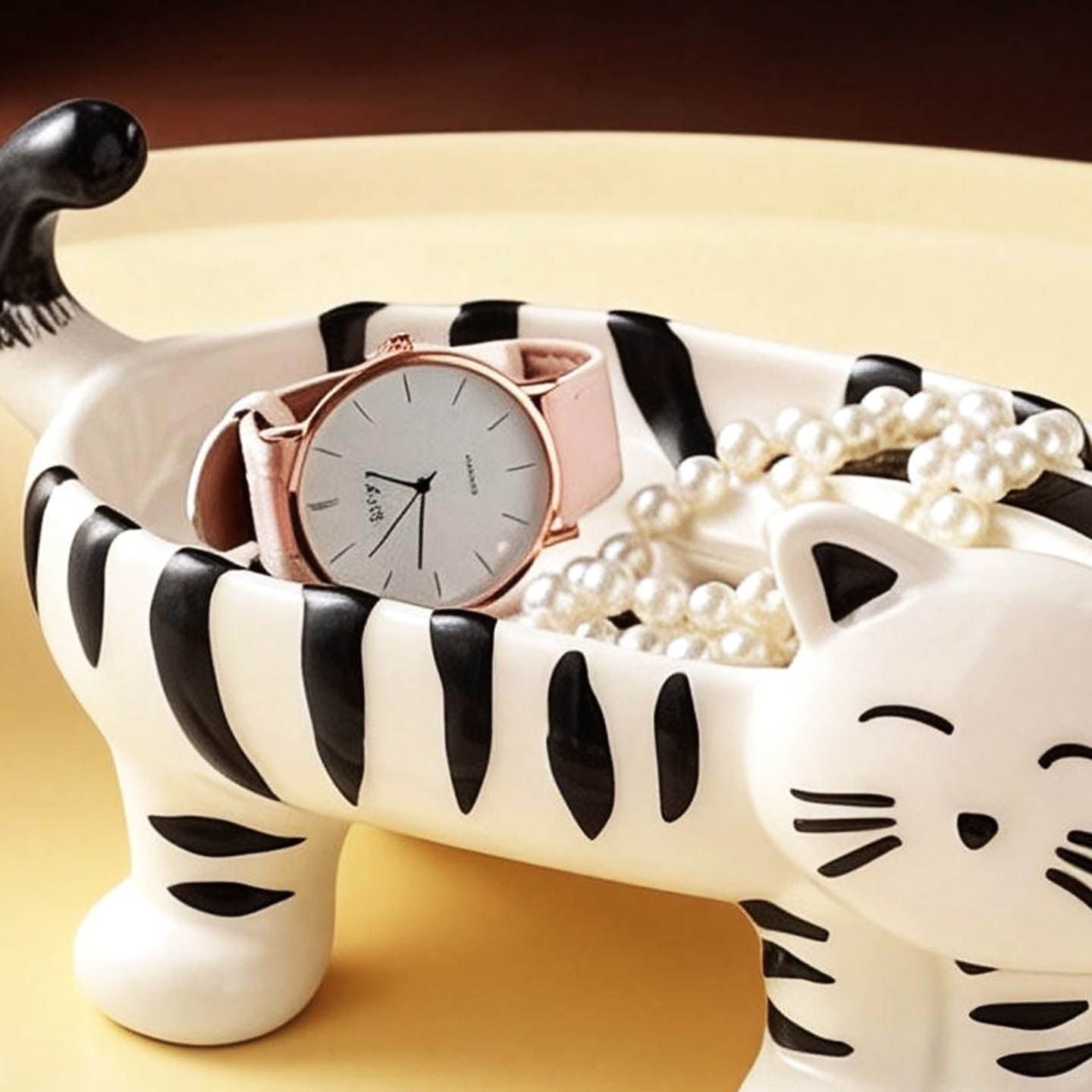 Cute Striped Cat-Shaped Ceramic Storage Bowl - Multi-Purpose Organizer for Keys, Candy, Jewelry & Home Decor