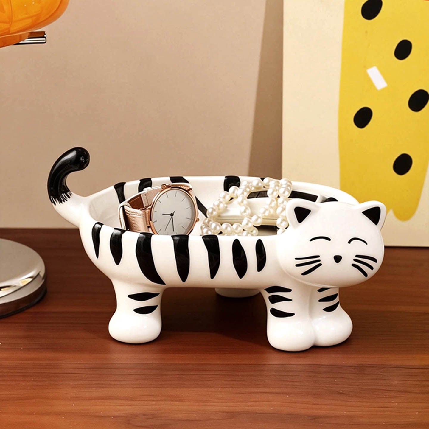 Cute Striped Cat-Shaped Ceramic Storage Bowl - Multi-Purpose Organizer for Keys, Candy, Jewelry & Home Decor
