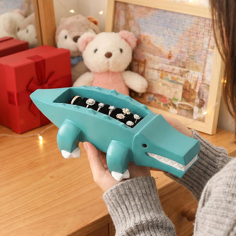 Cute Teal Crocodile Resin Ring Holder Jewelry Box, Cartoon Alligator Velvet Lined Trinket Storage Organizer , Fun Unique Gift for Women Girls & Jewelry Lovers