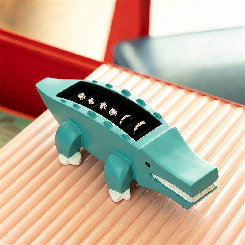Cute Teal Crocodile Resin Ring Holder Jewelry Box, Cartoon Alligator Velvet Lined Trinket Storage Organizer , Fun Unique Gift for Women Girls & Jewelry Lovers