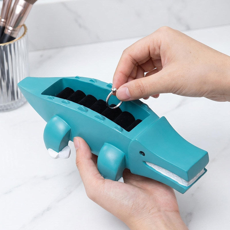 Cute Teal Crocodile Resin Ring Holder Jewelry Box, Cartoon Alligator Velvet Lined Trinket Storage Organizer , Fun Unique Gift for Women Girls & Jewelry Lovers