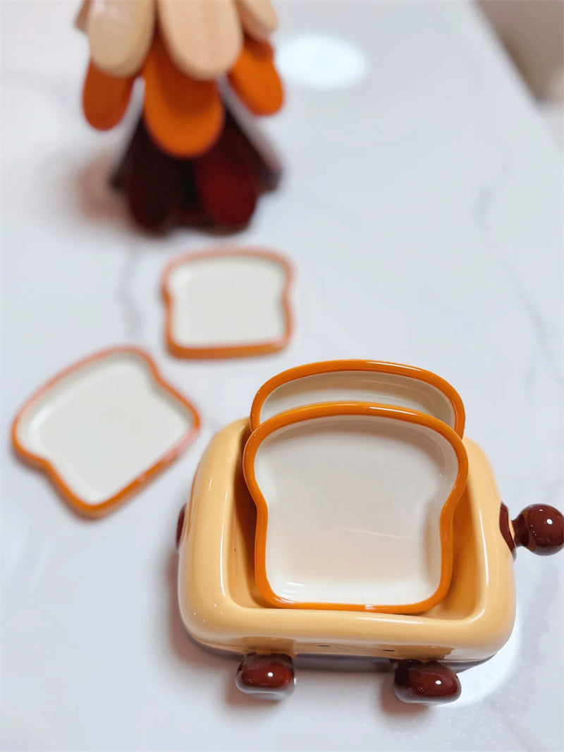 Cute Toaster-Shaped Ceramic Snack & Trinket Dish Set