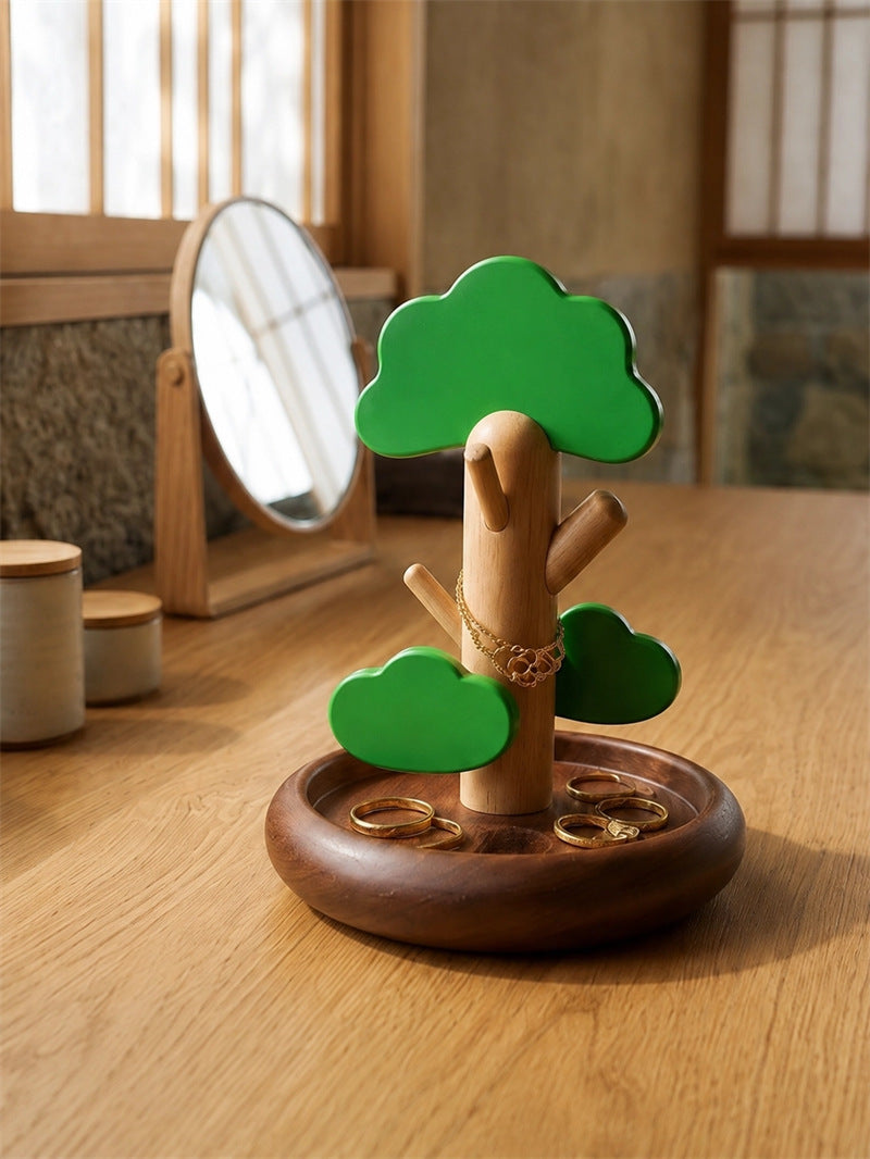 Cute Tree Shaped Wooden Jewelry Holder with Green Leaf Hooks , Necklace Bracelet Ring Display Stand, Natural Aesthetic Vanity Table Decor, Unique Gift for Women & Jewelry Collectors
