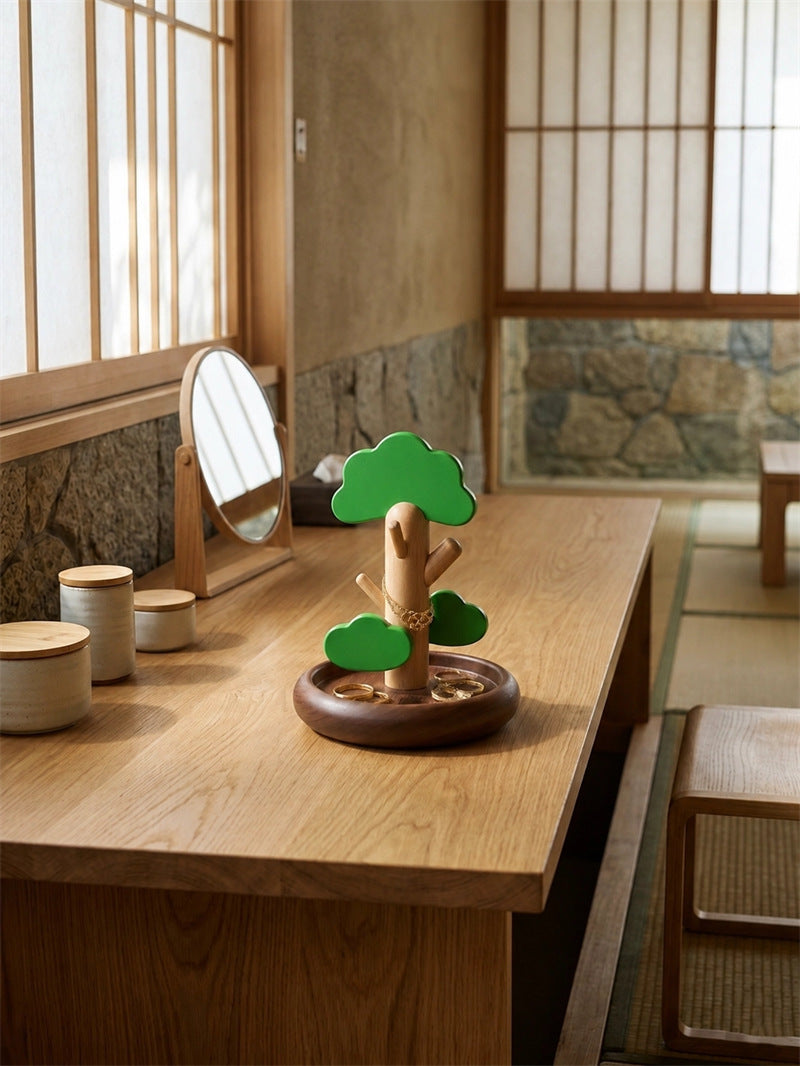 Cute Tree Shaped Wooden Jewelry Holder with Green Leaf Hooks , Necklace Bracelet Ring Display Stand, Natural Aesthetic Vanity Table Decor, Unique Gift for Women & Jewelry Collectors