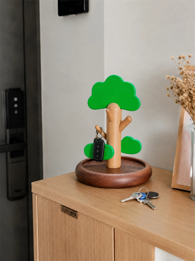 Cute Tree Shaped Wooden Jewelry Holder with Green Leaf Hooks , Necklace Bracelet Ring Display Stand, Natural Aesthetic Vanity Table Decor, Unique Gift for Women & Jewelry Collectors