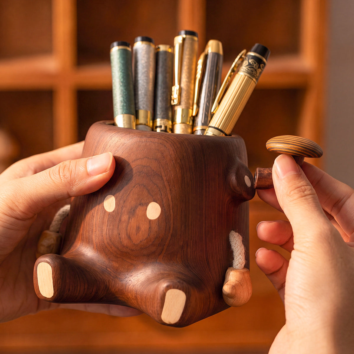 Cute Tree Stump Character Wooden Pen Holder, Creative Cartoon Stump Desktop Organization for Office Desk