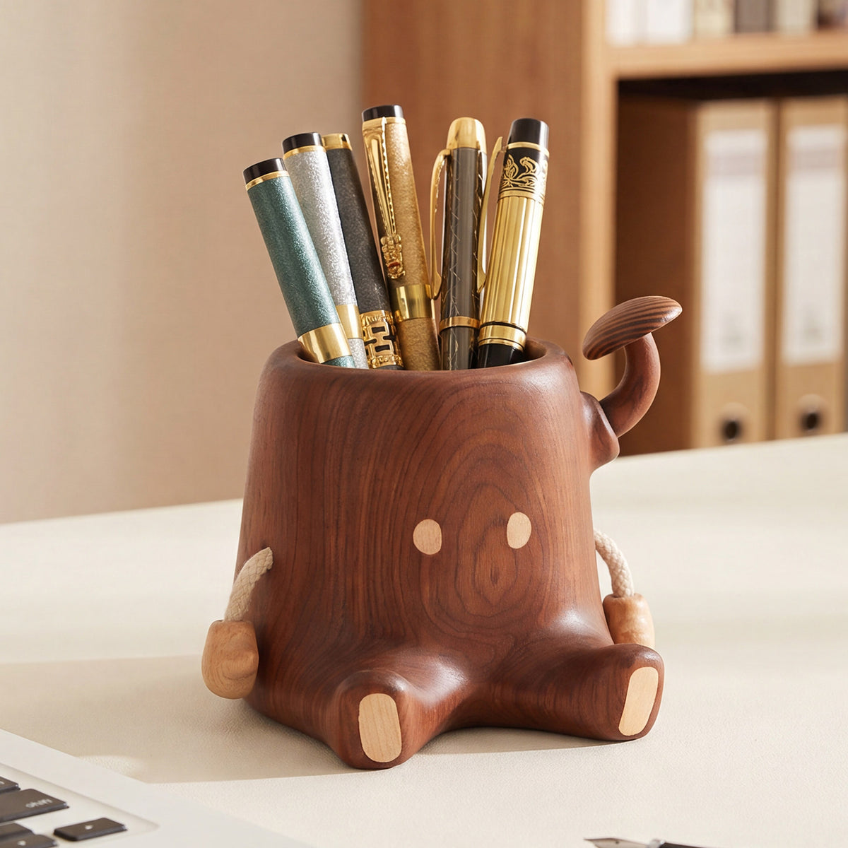 Cute Tree Stump Character Wooden Pen Holder, Creative Cartoon Stump Desktop Organization for Office Desk