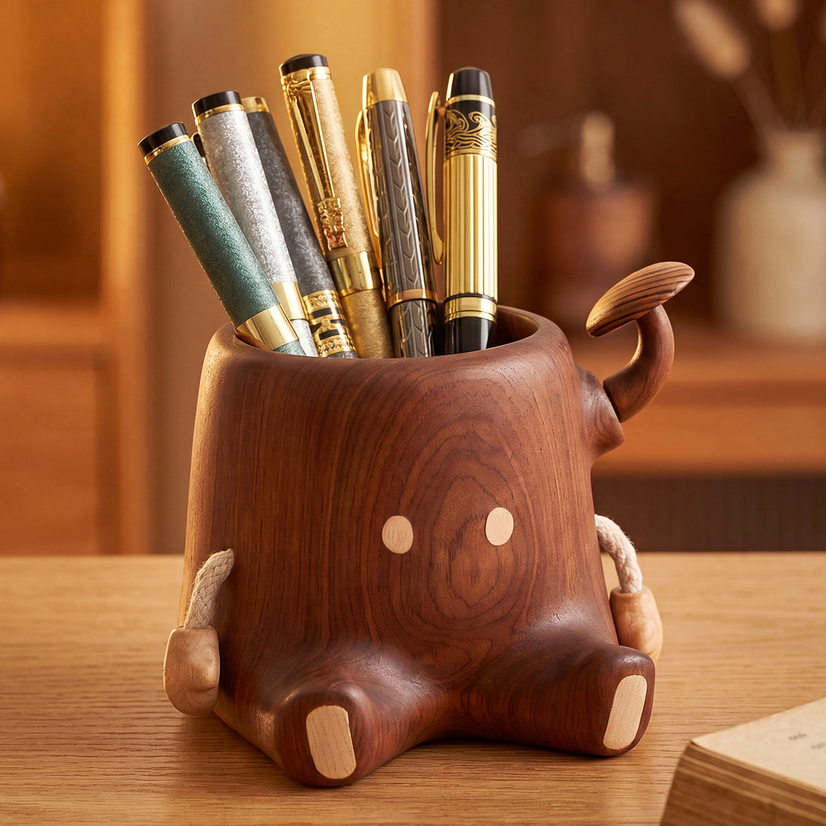 Cute Tree Stump Character Wooden Pen Holder, Creative Cartoon Stump Desktop Organization for Office Desk