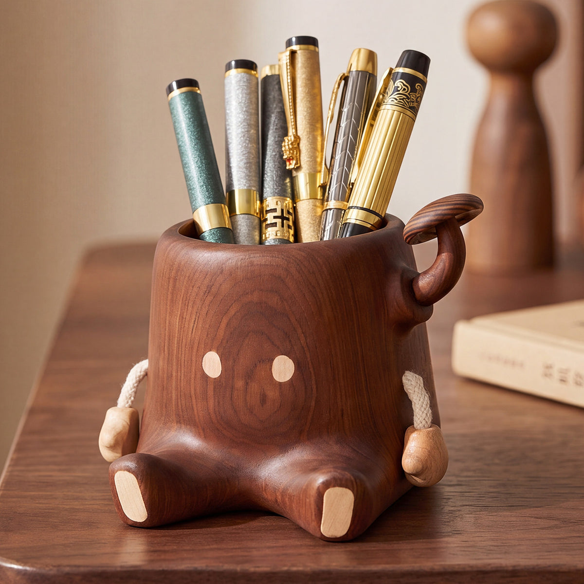 Cute Tree Stump Character Wooden Pen Holder, Creative Cartoon Stump Desktop Organization for Office Desk
