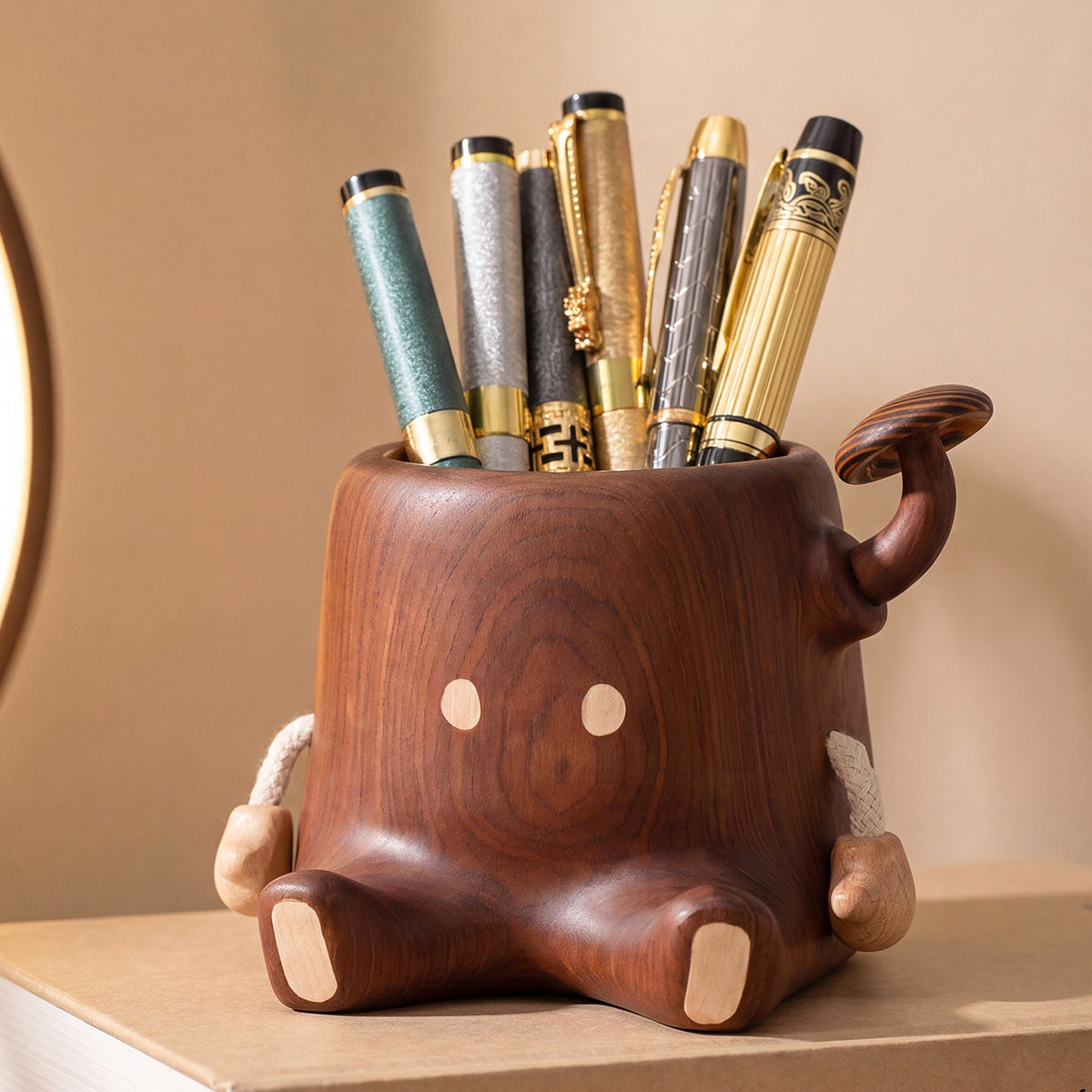 Cute Tree Stump Character Wooden Pen Holder, Creative Cartoon Stump Desktop Organization for Office Desk