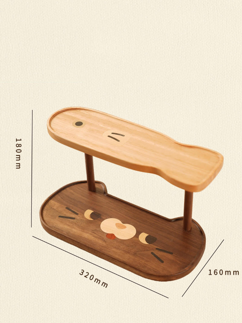 Cute Two‑Tier Wooden Cat Storage Tray, Dual‑Layer Vanity Organizer for Cosmetics Jewelry, Kawaii Tabletop Display Stand