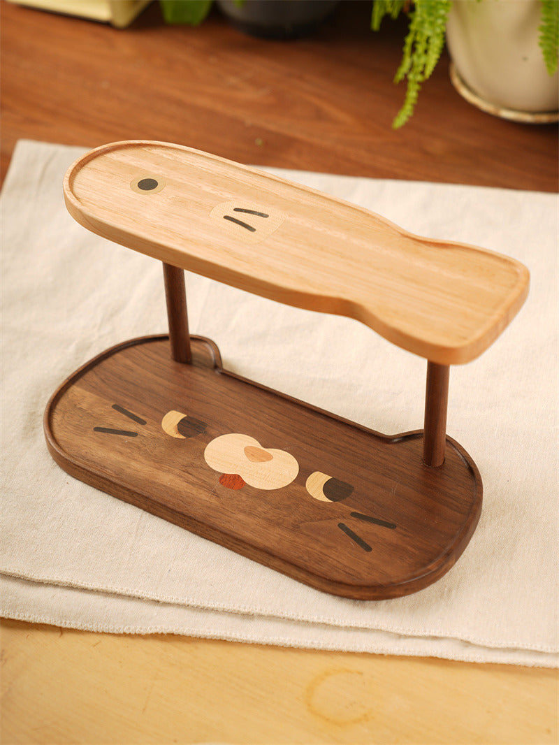 Cute Two‑Tier Wooden Cat Storage Tray, Dual‑Layer Vanity Organizer for Cosmetics Jewelry, Kawaii Tabletop Display Stand