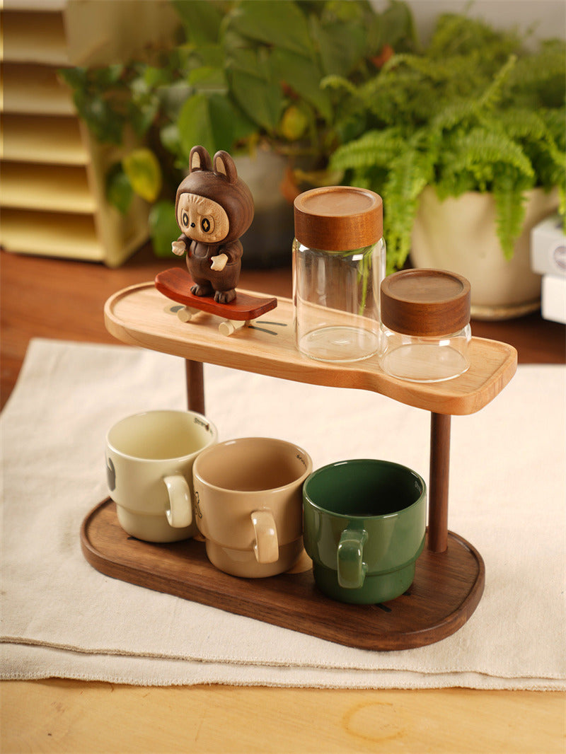Cute Two‑Tier Wooden Cat Storage Tray, Dual‑Layer Vanity Organizer for Cosmetics Jewelry, Kawaii Tabletop Display Stand
