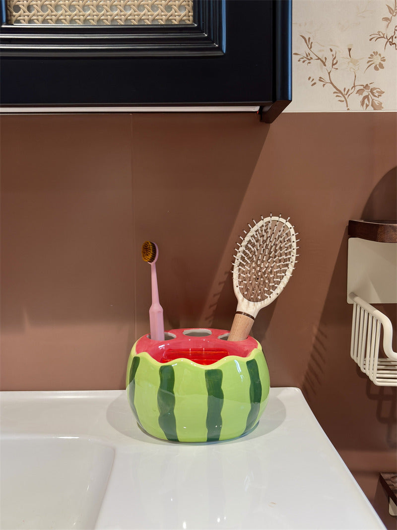 Cute Watermelon Fruit Ceramic Toothbrush Holder, Multislot Bathroom Vanity Organizer for Toothpaste Toothbrushes