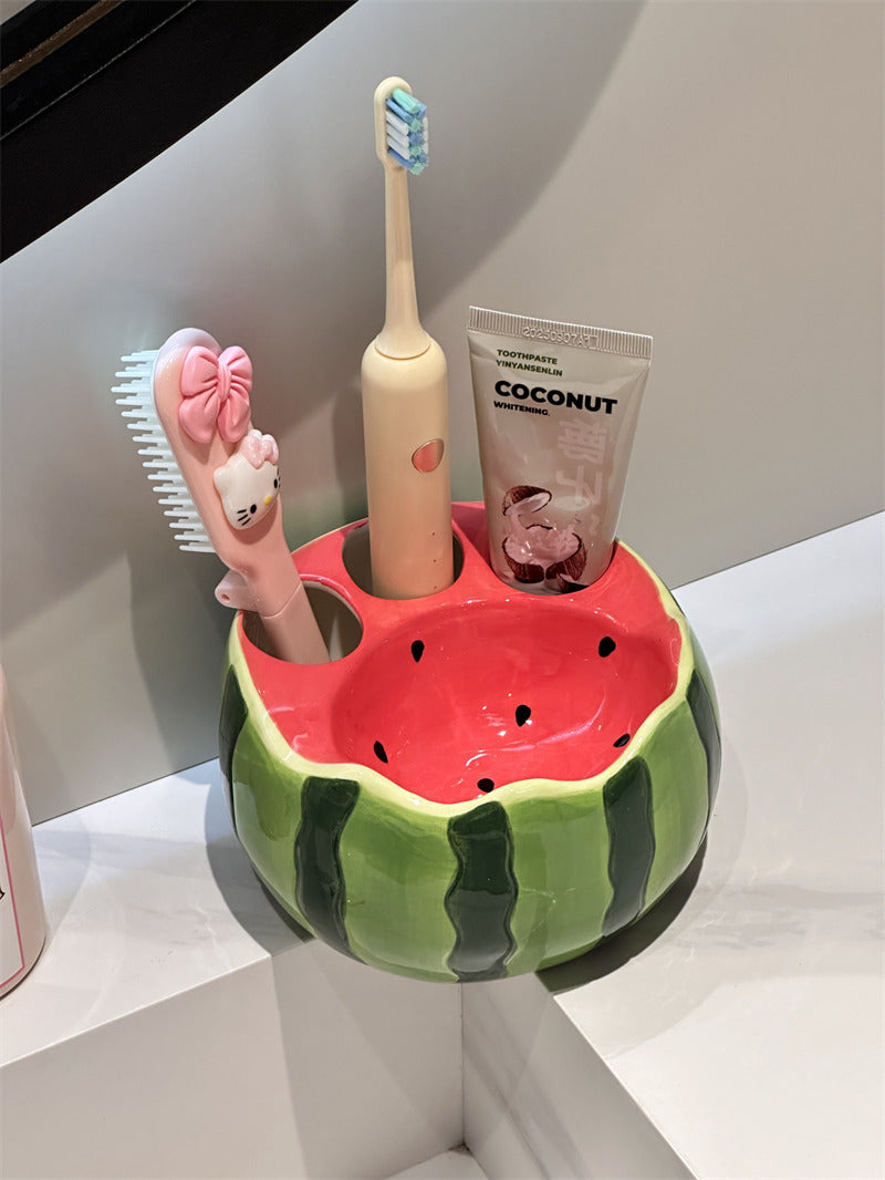 Cute Watermelon Fruit Ceramic Toothbrush Holder, Multislot Bathroom Vanity Organizer for Toothpaste Toothbrushes