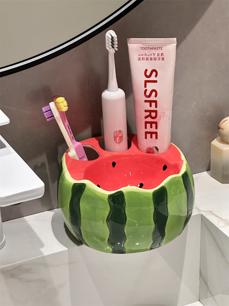 Cute Watermelon Fruit Ceramic Toothbrush Holder, Multislot Bathroom Vanity Organizer for Toothpaste Toothbrushes