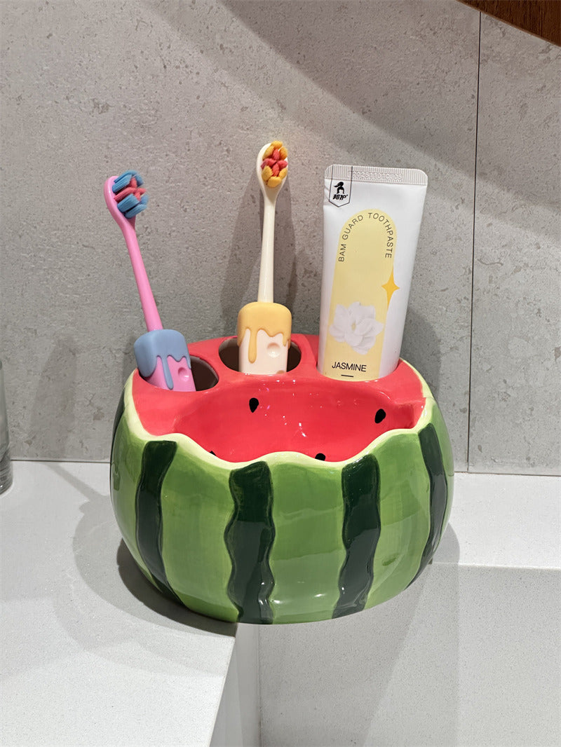 Cute Watermelon Fruit Ceramic Toothbrush Holder, Multislot Bathroom Vanity Organizer for Toothpaste Toothbrushes