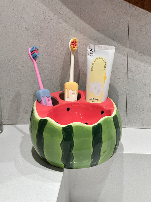 Cute Watermelon Fruit Ceramic Toothbrush Holder, Multislot Bathroom Vanity Organizer for Toothpaste Toothbrushes