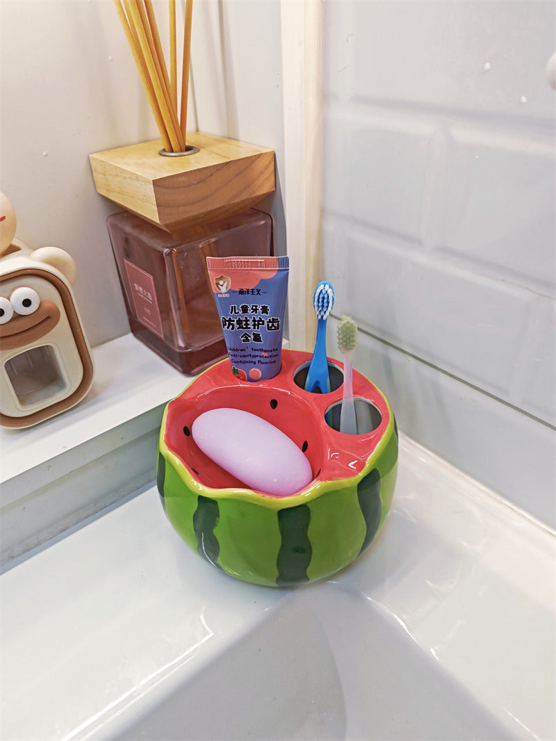 Cute Watermelon Fruit Ceramic Toothbrush Holder, Multislot Bathroom Vanity Organizer for Toothpaste Toothbrushes