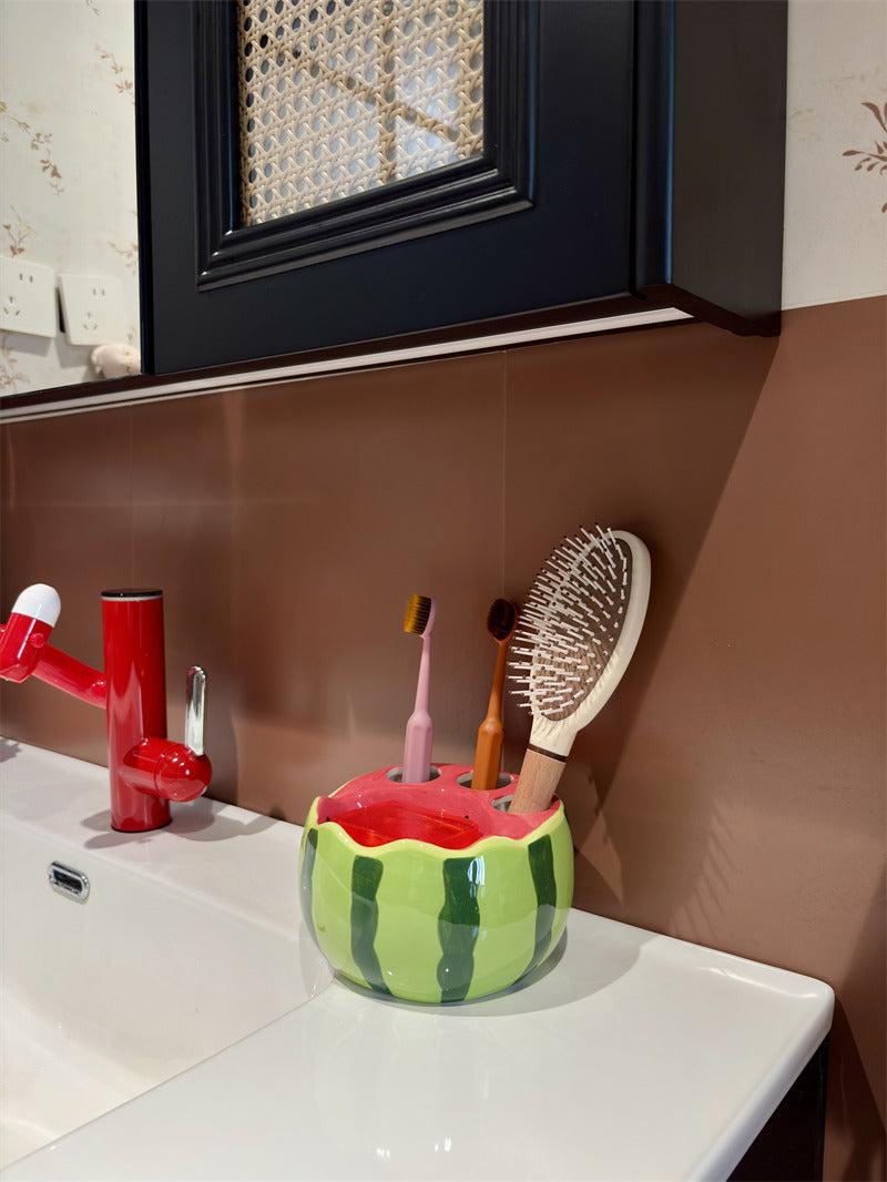 Cute Watermelon Fruit Ceramic Toothbrush Holder, Multislot Bathroom Vanity Organizer for Toothpaste Toothbrushes