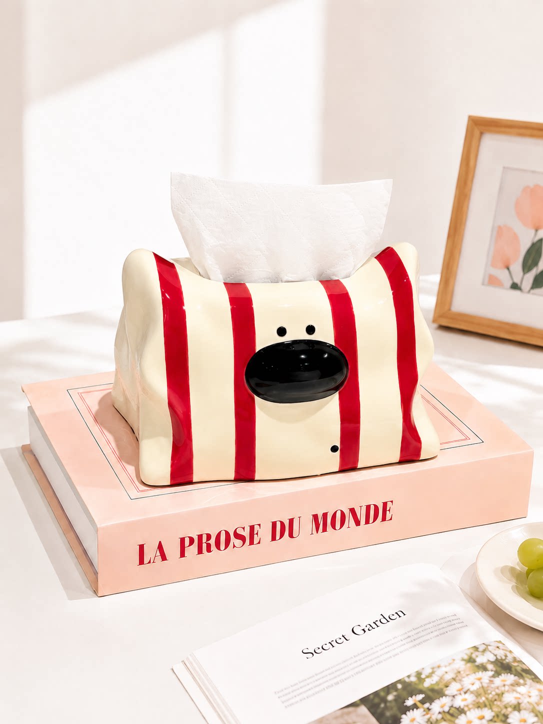 Cute Wavy Edge Striped Cartoon Puppy Glossy Ceramic Tissue Box ,Living Room Kitchen Bedroom Decor Tissue Holder
