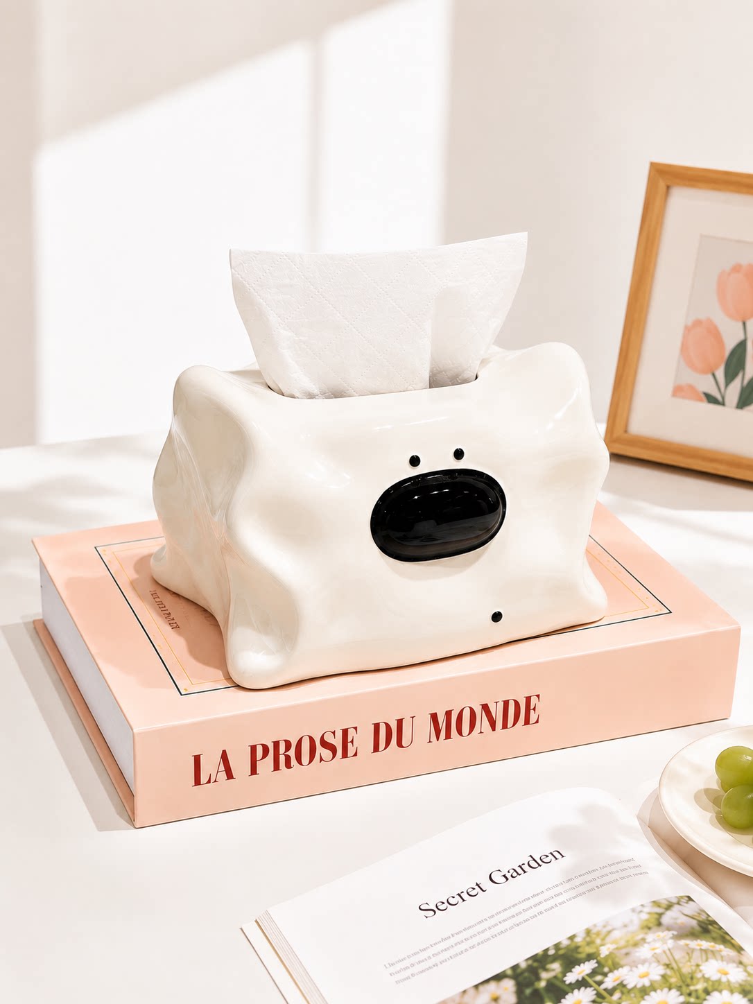 Cute Wavy Edge Striped Cartoon Puppy Glossy Ceramic Tissue Box ,Living Room Kitchen Bedroom Decor Tissue Holder