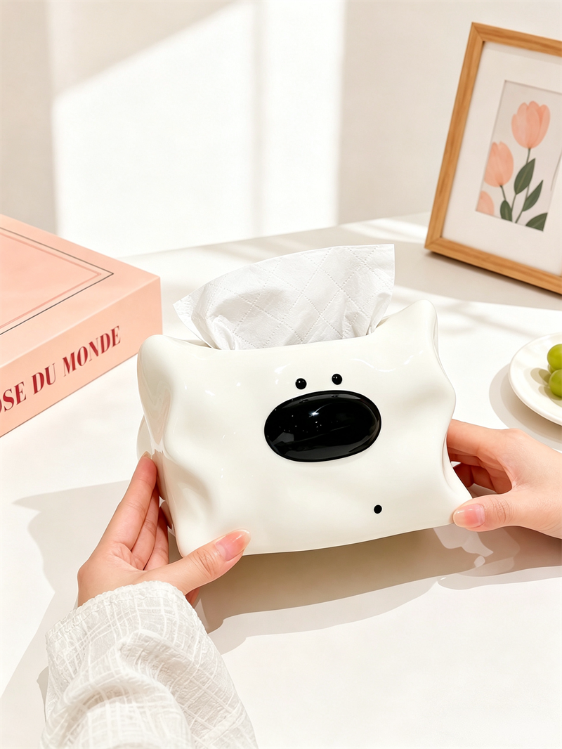 Cute Wavy Edge Striped Cartoon Puppy Glossy Ceramic Tissue Box ,Living Room Kitchen Bedroom Decor Tissue Holder
