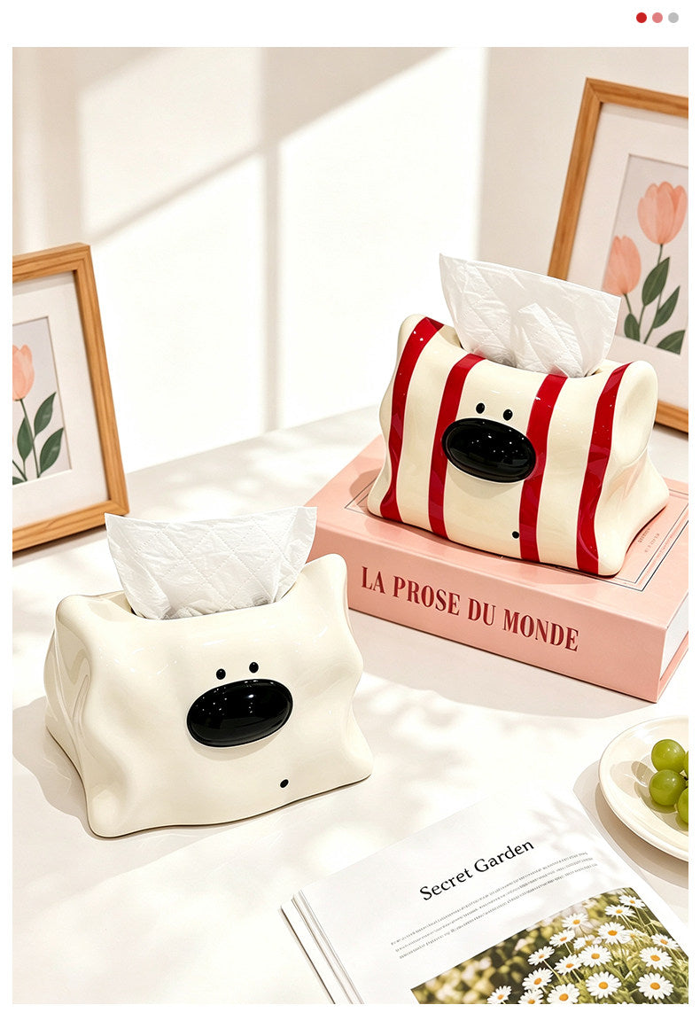 Cute Wavy Edge Striped Cartoon Puppy Glossy Ceramic Tissue Box ,Living Room Kitchen Bedroom Decor Tissue Holder