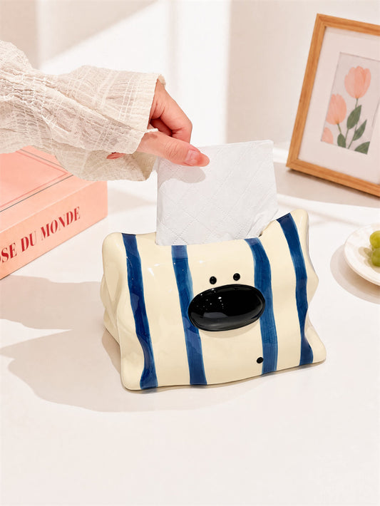 Cute Wavy Edge Striped Cartoon Puppy Glossy Ceramic Tissue Box ,Living Room Kitchen Bedroom Decor Tissue Holder