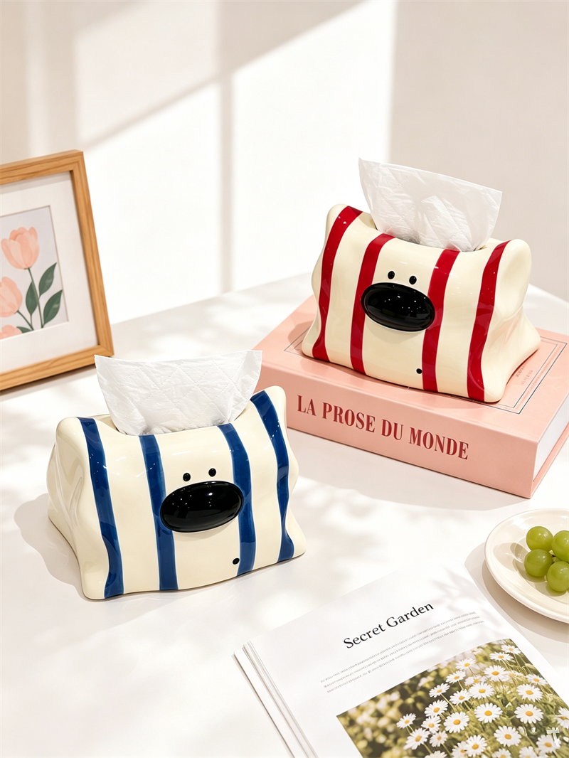 Cute Wavy Edge Striped Cartoon Puppy Glossy Ceramic Tissue Box ,Living Room Kitchen Bedroom Decor Tissue Holder