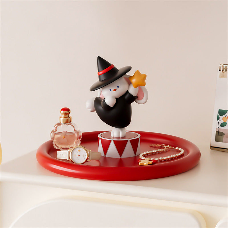 Cute Wizard Bunny Resin Figurine with Red Round Storage Tray, Magic Rabbit Tabletop Jewelry Organizer