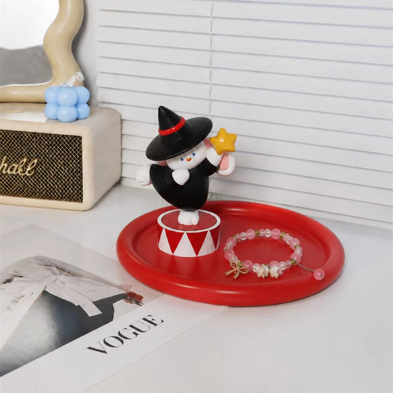 Cute Wizard Bunny Resin Figurine with Red Round Storage Tray, Magic Rabbit Tabletop Jewelry Organizer