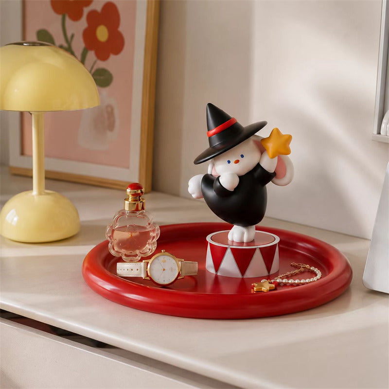 Cute Wizard Bunny Resin Figurine with Red Round Storage Tray, Magic Rabbit Tabletop Jewelry Organizer