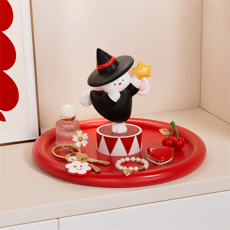 Cute Wizard Bunny Resin Figurine with Red Round Storage Tray, Magic Rabbit Tabletop Jewelry Organizer