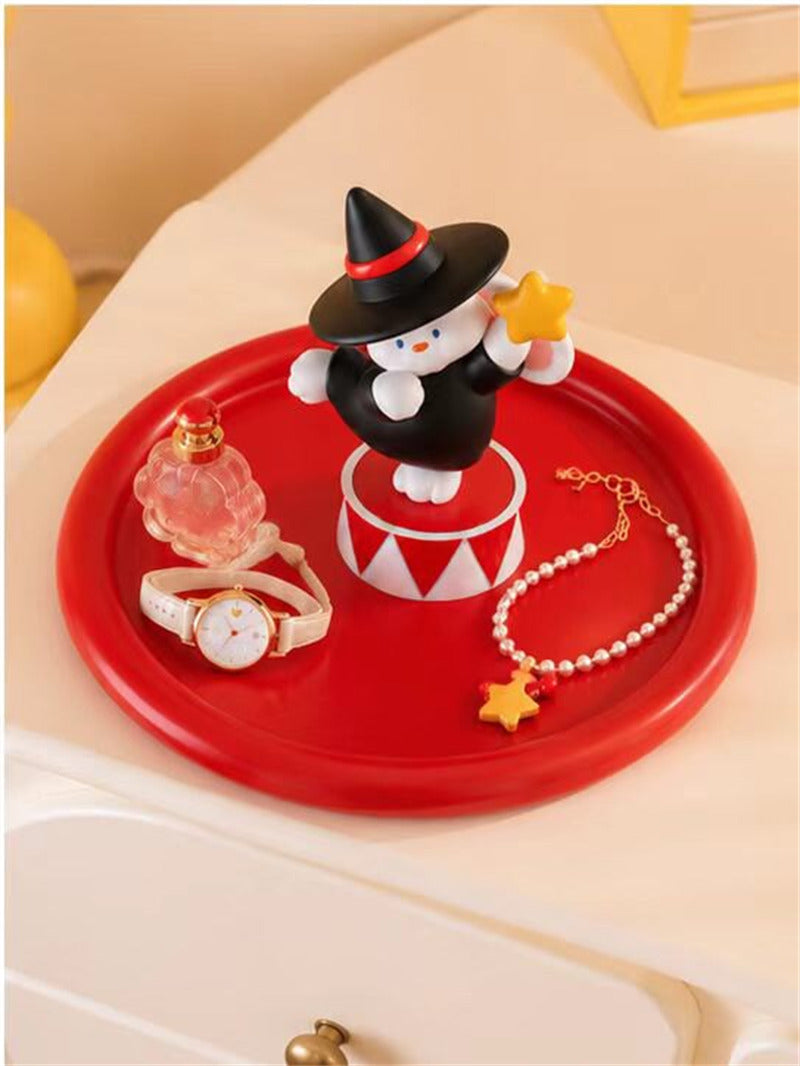 Cute Wizard Bunny Resin Figurine with Red Round Storage Tray, Magic Rabbit Tabletop Jewelry Organizer