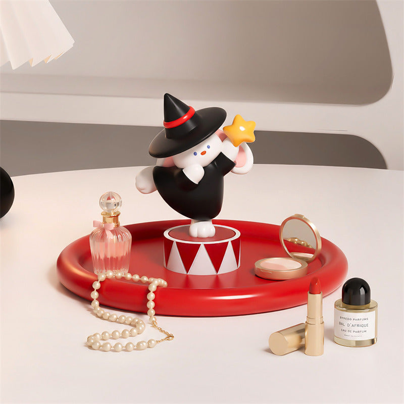 Cute Wizard Bunny Resin Figurine with Red Round Storage Tray, Magic Rabbit Tabletop Jewelry Organizer