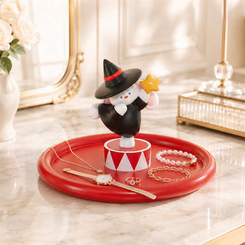 Cute Wizard Bunny Resin Figurine with Red Round Storage Tray, Magic Rabbit Tabletop Jewelry Organizer