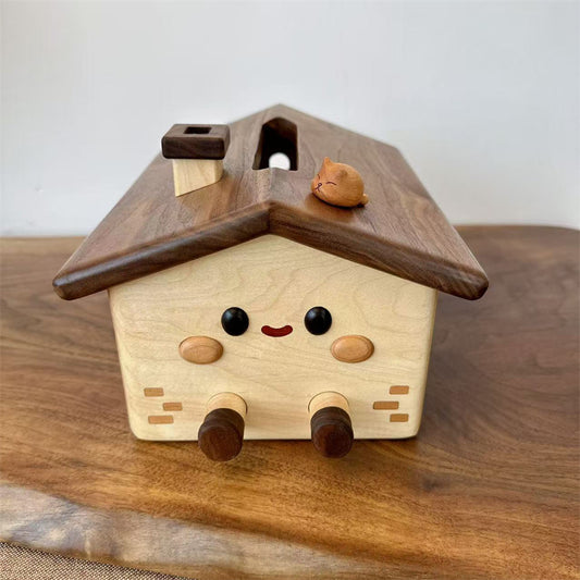Cute Wooden House Tissue Box – Decorative Wooden Tissue Holder for Living Room, Bedroom & Office
