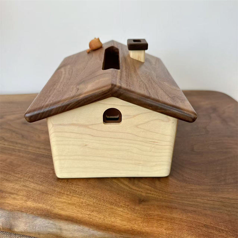 Cute Wooden House Tissue Box – Decorative Wooden Tissue Holder for Living Room, Bedroom & Office