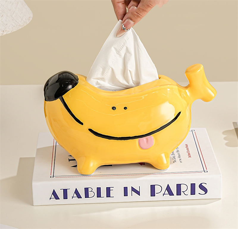 Cute Yellow Banana-Shaped Cartoon Dog Ceramic Tissue Box, Playful Desktop Tissue Holder Decor