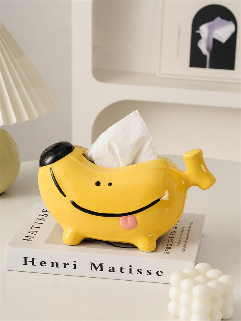 Cute Yellow Banana-Shaped Cartoon Dog Ceramic Tissue Box, Playful Desktop Tissue Holder Decor