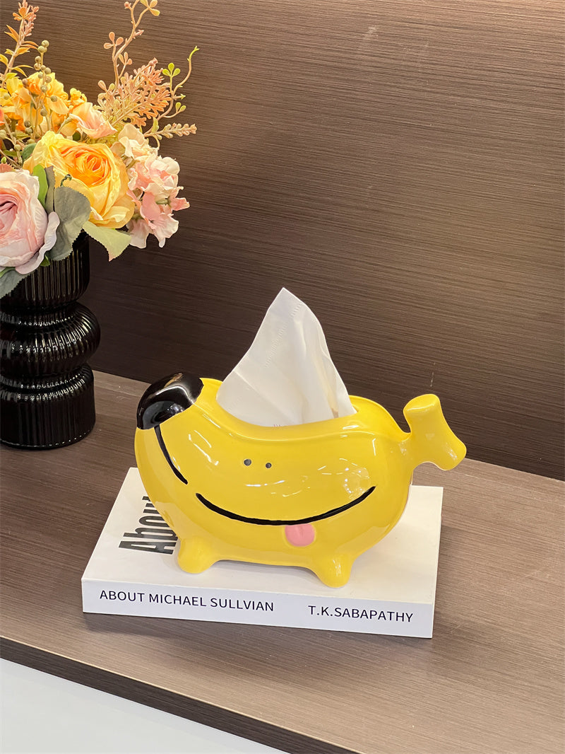 Cute Yellow Banana-Shaped Cartoon Dog Ceramic Tissue Box, Playful Desktop Tissue Holder Decor